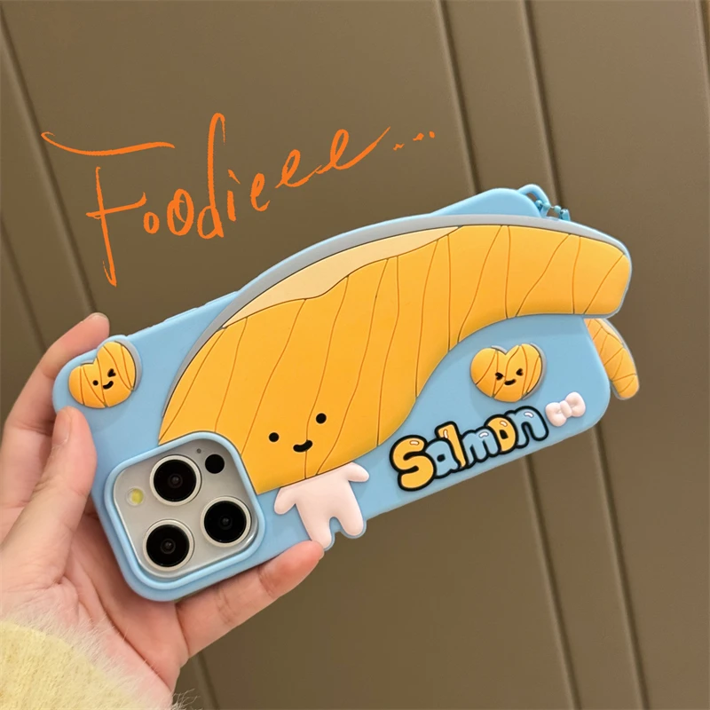 For iPhone 16 15 14 13 Pro Max promax 3D Salmon Fish Soft Silicone Phone Case With Pendant Cartoon Food Funny Cover