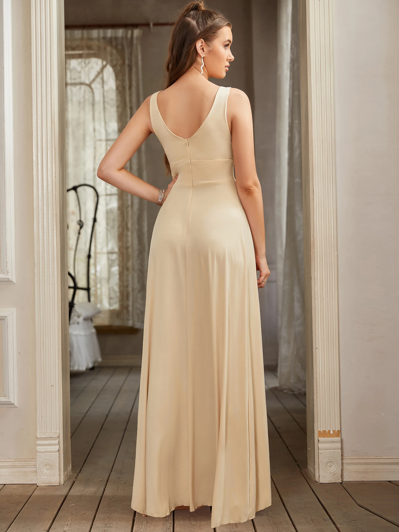 Champagne Prom Dresses Long A Line Sexy Deep V Neck Backless Split Side Sister Group Dresses Evening Wedding Party Gowns Vestido