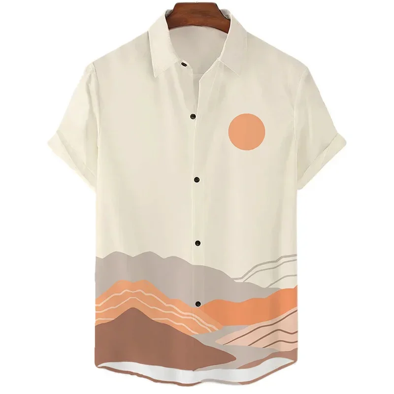 Men Boho Desert Mountain Cactus Sun Print Cuban Collar Short Sleeve Shirt Loose Button Up Summer Beach Vacation Casual Tops