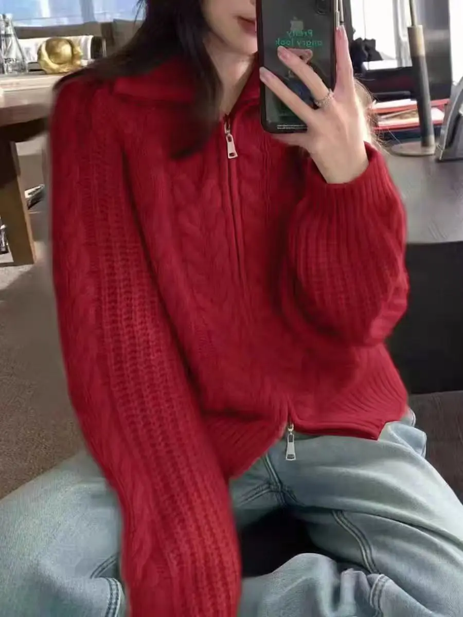 메리노 100% 울 여성용 가디건 양면 지퍼 가을 겨울 두꺼운 캐주얼 패션 니트 캐시미어 스웨터 재킷