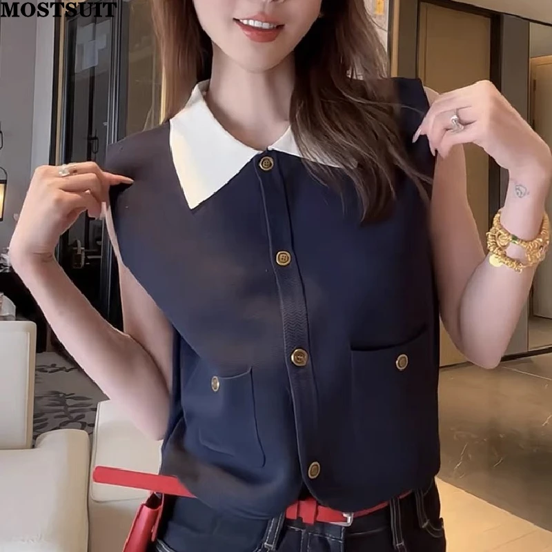 

2025 Summer Stylish Knit Sweater Vests Women Crop Tops Knitwear Sleeveless Single-breasted Vintage Chic Fashion Ladies Jumpers