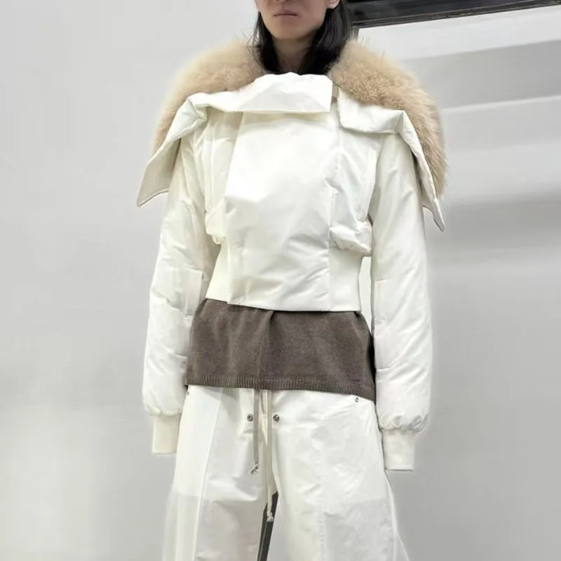 Mit Daunen gefüllter Schalmantel für Damen, langärmelige warme Jacke mit großem Pelzkragen, hochwertiger, taillierter Parka, 2025, neu