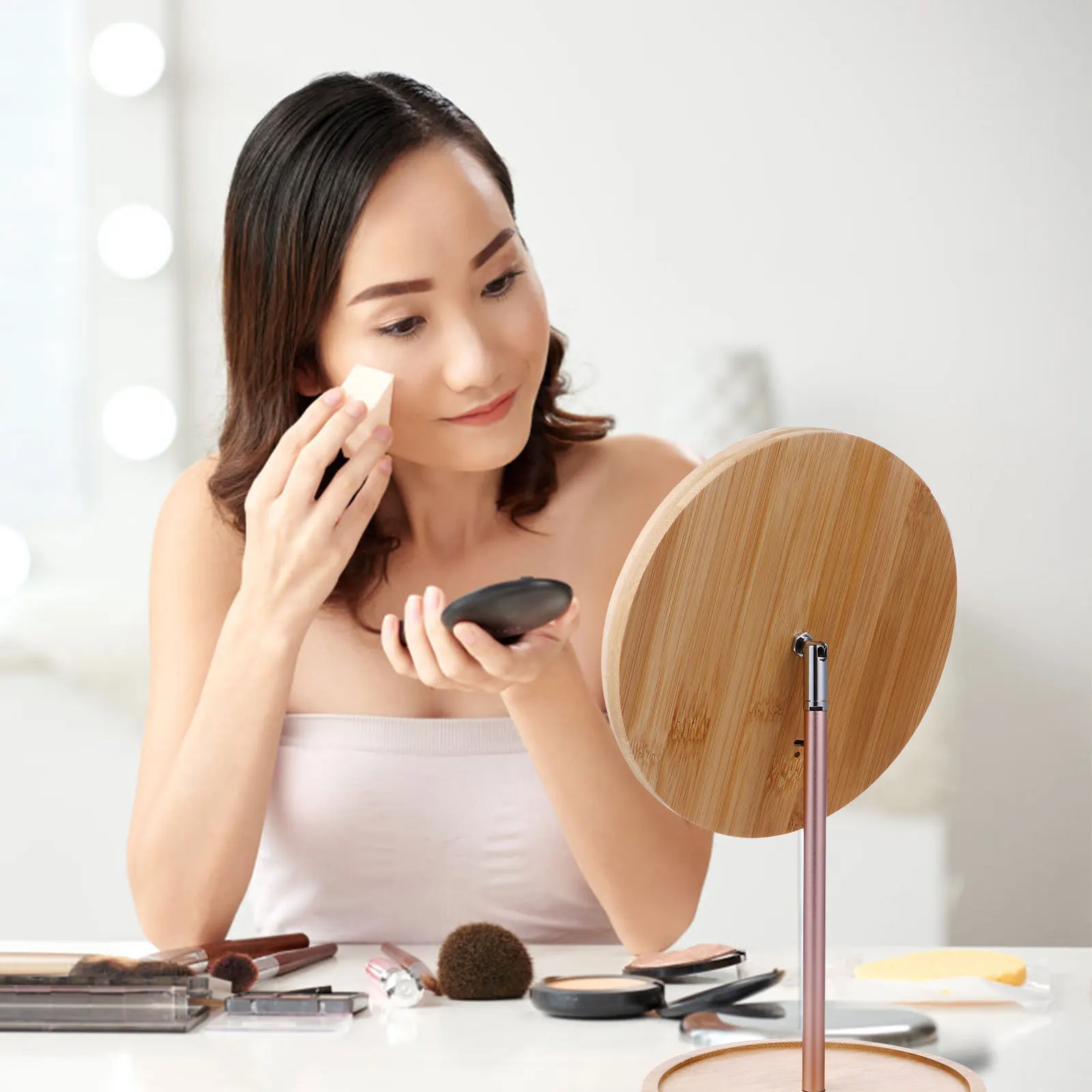 1 قطعة مرآة ماكياج خشبية مستديرة Led سطح المكتب الغرور 90 °   قاعدة ثابتة عالية الدقة للتحكم باللمس لأداة العناية بالبشرة هدية منزلية