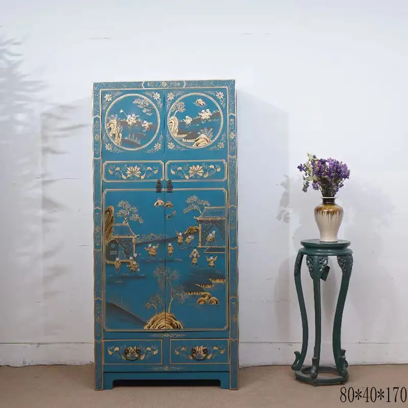 Chinese retro painted decorative wardrobe solid wood bedroom storage storage cabinet household decorative wardrobe