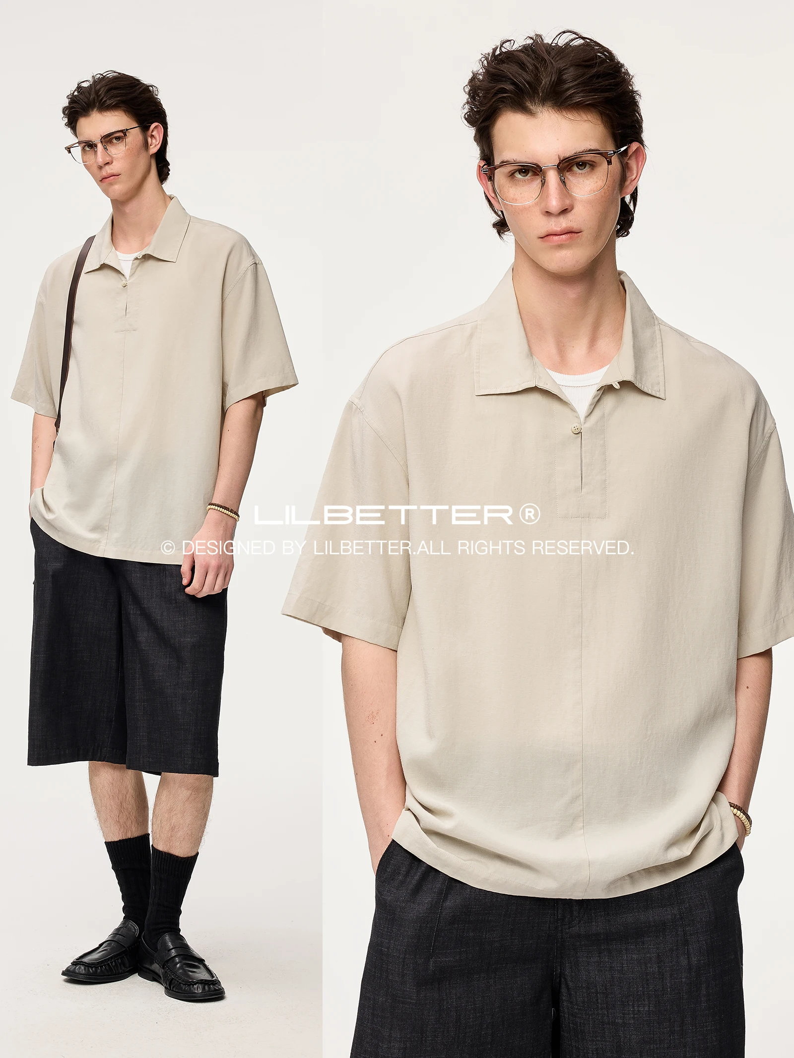 Lilbetter Linen Silk Drapey Half Open  Shirt Short Sleeve Summer Fashion Urban Style Loose Fit Regular Length Pure Color