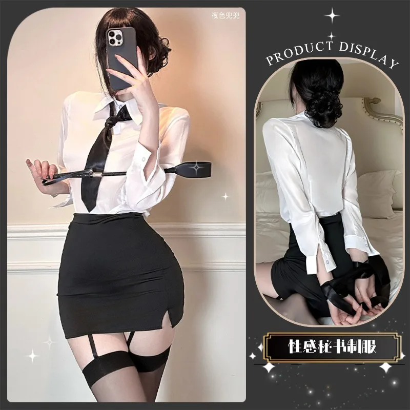 ชุดคอสเพลย์สาวเลขา ชุดบทบาทสมมติครู ชุดชีฟอง เสื้อกระโปรงสั้น ชุดชั้นในเซ็กซี่ ชุดยั่วยวนสำหรับไนต์คลับ