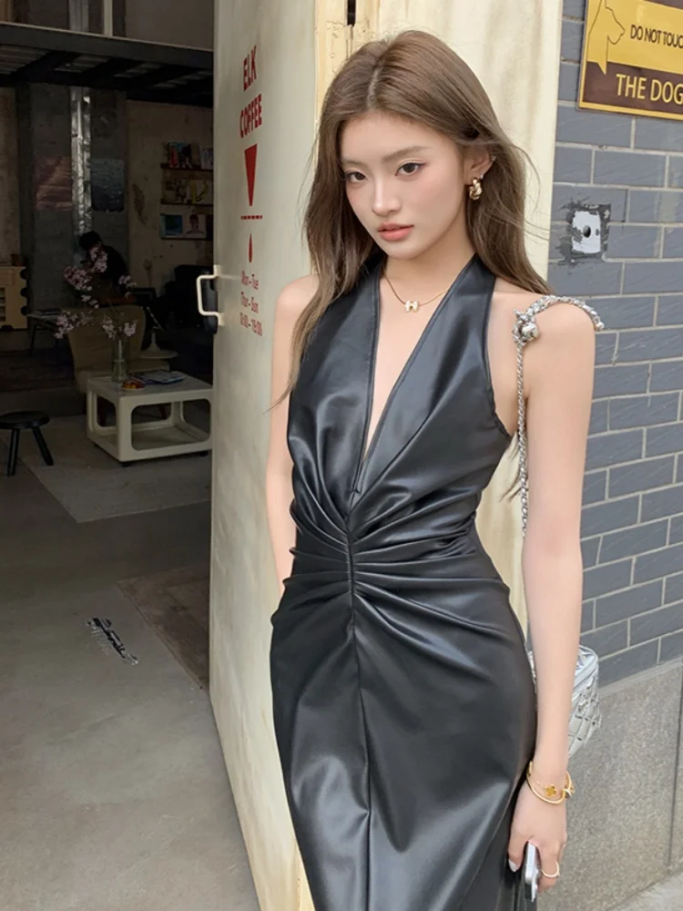 Smthma 2025 nova primavera/verão pendurado pescoço elegante vestido de v profundo couro feminino alta qualidade dobrável sexy sem costas vestido longo