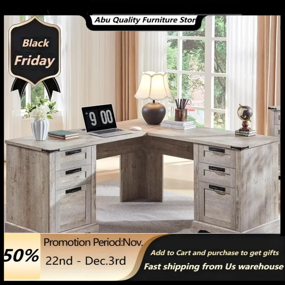 Office Furniture Desk Sets , 60Farmhouse L Shaped Executive Desk With Drawers Wood Home Office Cornenr Desk With Charging Statio