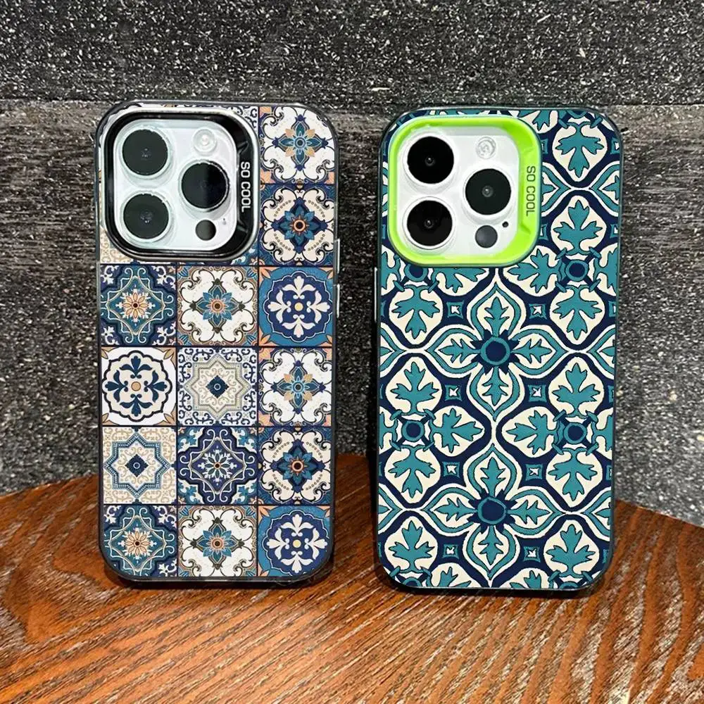 Portuguese Glazed Tiles Phone Case For iPhone 16 15 14 13 12 11 Pro Max Matte Shockproof Back Anti Fall Matte Cover