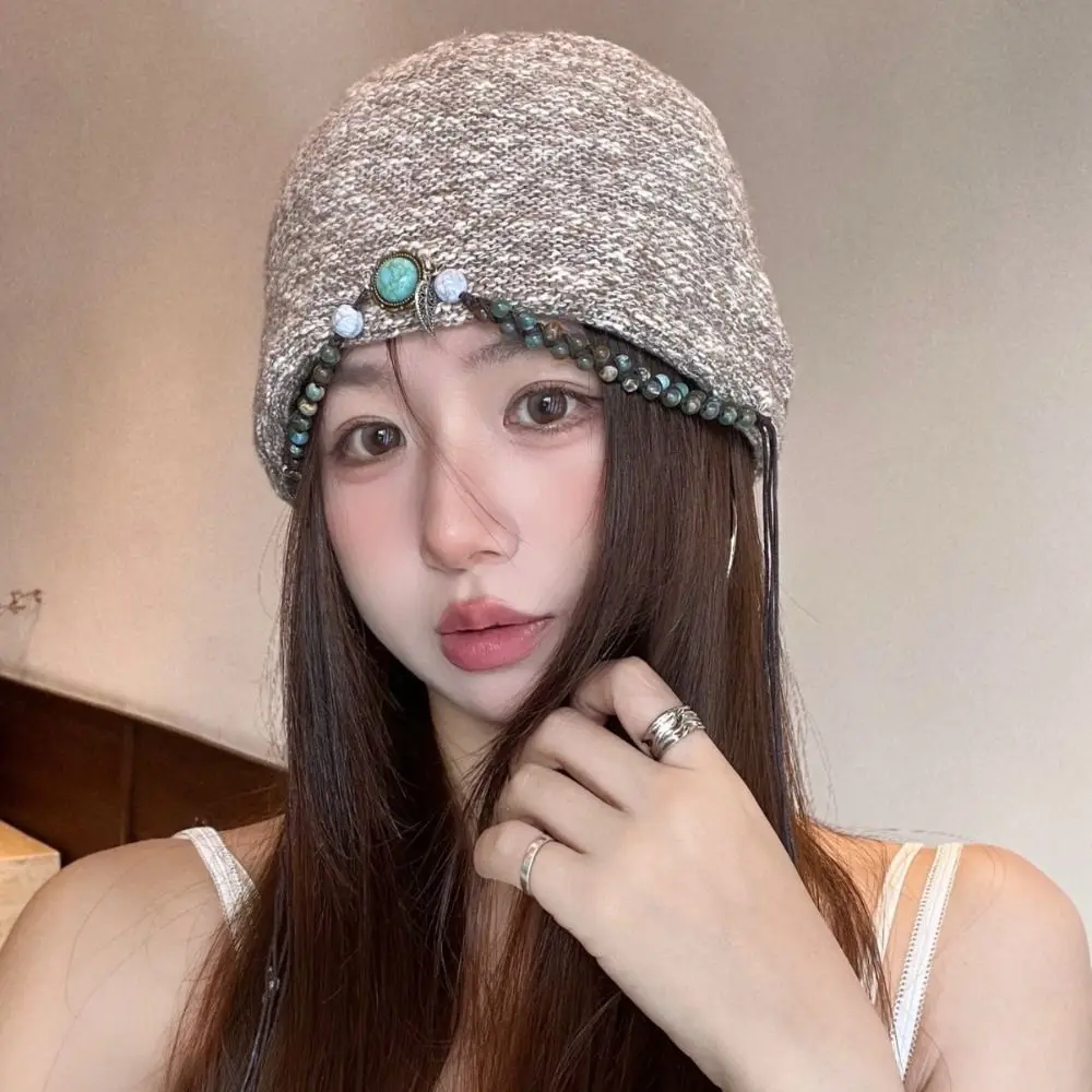 

Ethnic Style Bohemian Beanies Hat Keep Warm Ear Protection Knitted Pullover Hat Solid Color Polyester Jacquard Woolen Hat Female