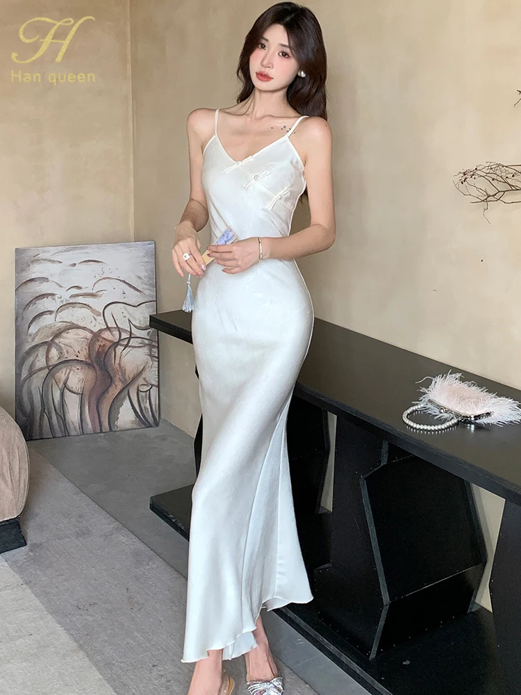 

H Han Queen New 2025 Women's Summer Summer Camisole Holiday Vacation Long Dress Elegant Slim Sexy Party Dresses Woman Clothes