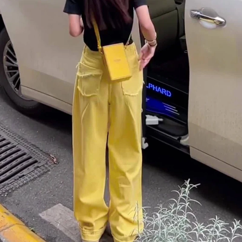 Korean High Waisted Jeans Women 2023 Summer Cyber Y2K Denim Trousers Wide Leg Pants Cute Sweet Yellow Streetwear Casual Jeans