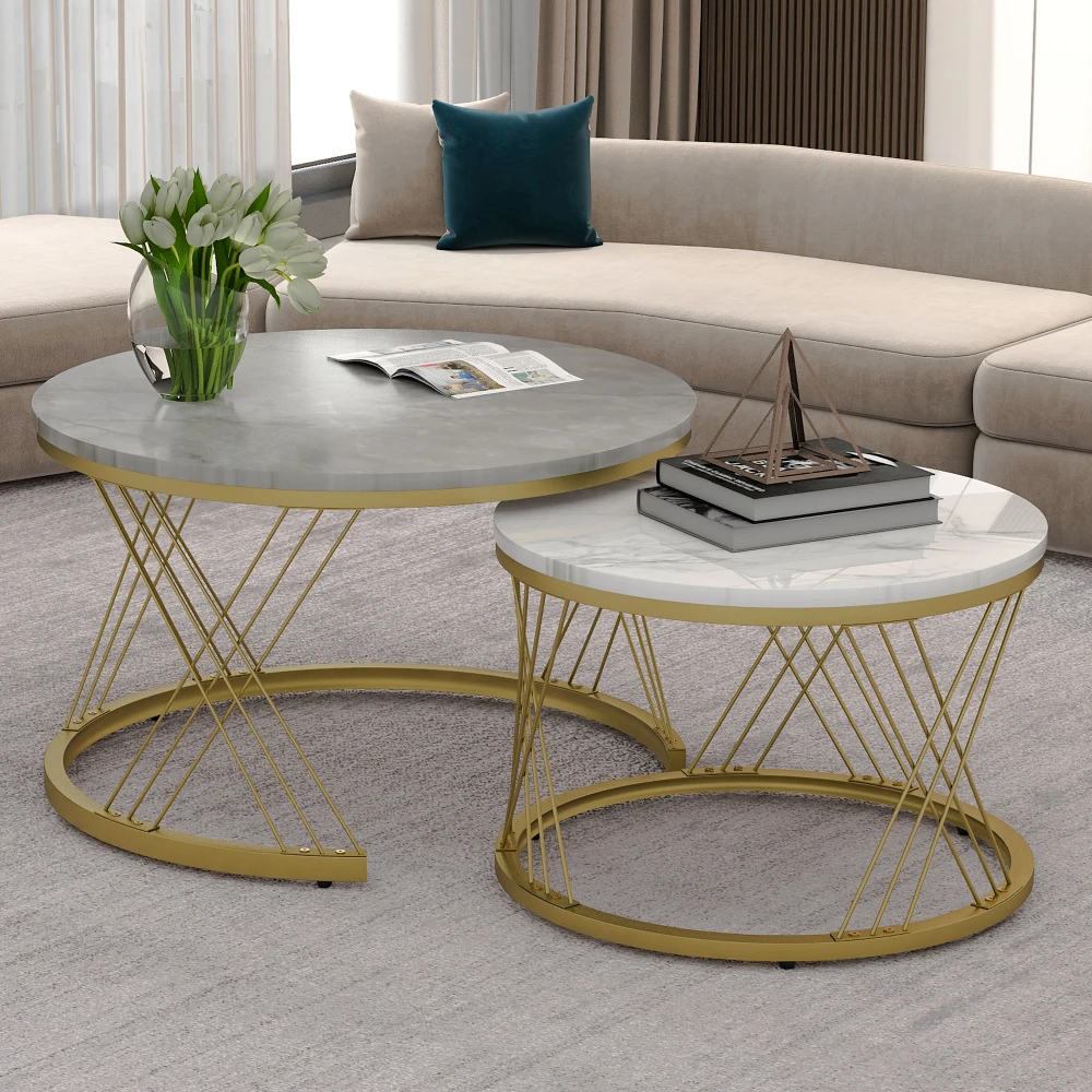 Modern Nesting Coffee Tables, Coffee Table Set Marble Veneer Sofa Side Tables Nesting Round End Tables, Set of 2, Gold Frame