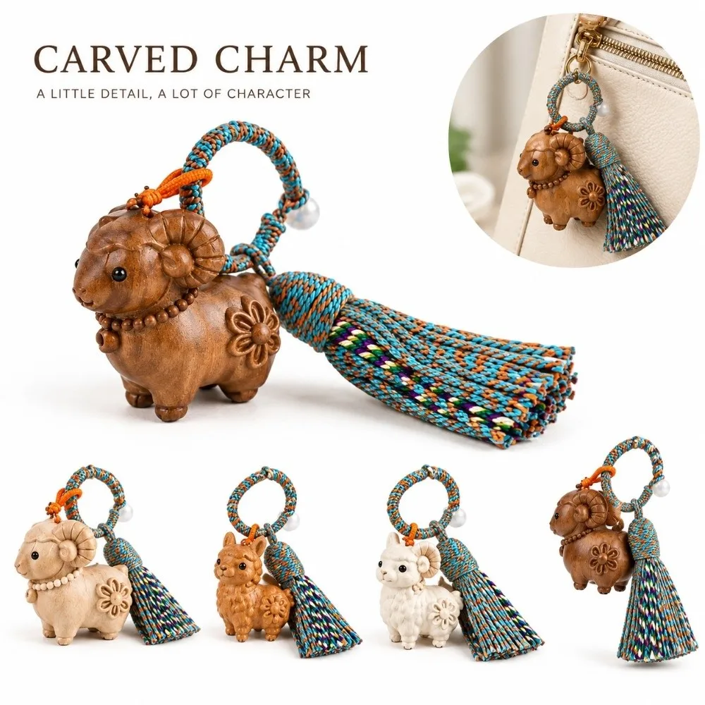 Durable Wood Lamb Keychain Handmade Craft Handwoven Tassel Keychain Hanging Ring Tassel Accent Lucky Sheep Charm Backpack Charm