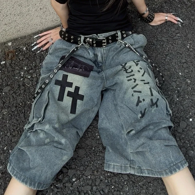 

S-4XL Goblin Core Cross Denim Jorts Shorts Y2k Calf-Length Jean Pants Japanese Cyber Punk Grunge Unisex Wide Leg Cropped Pants