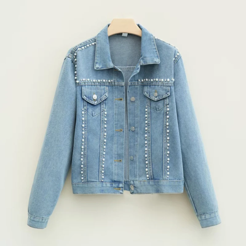 Spring Autumn Diamonds Pearls Denim Jacket Women Turn Down Collar Single Breasted Loose Outerwear New Casual Versatile Lady Coat