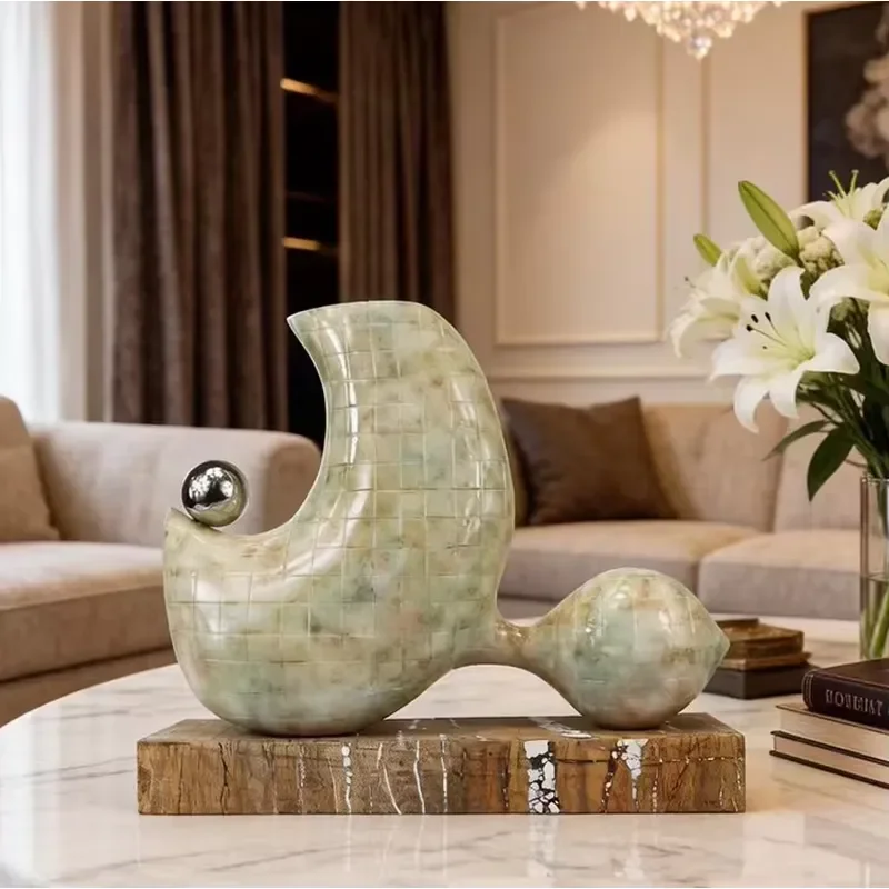 Modern Abstract Marble Pattern Resin Sculpture with Metal Accent for Home Decor
