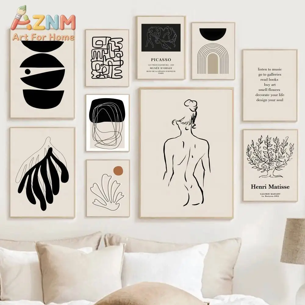 AZNM Beige Black Abstract Line Canvas Wall Art, Matisse Picasso Woman Body Leaf Minimalist Print, Boho Living Room Gallery Home