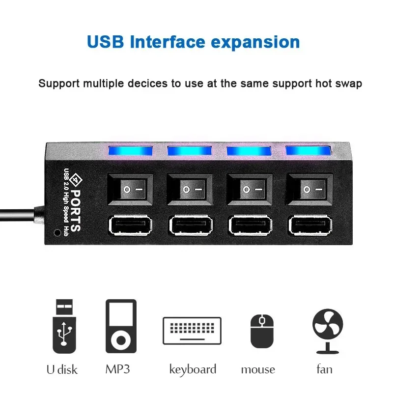 Hub USB 7 in 1 Splitter USB con interruttore on/off USB 2.0 Docking station USB con trasmissione ad alta velocità da 480 Mbps per laptop MacBook