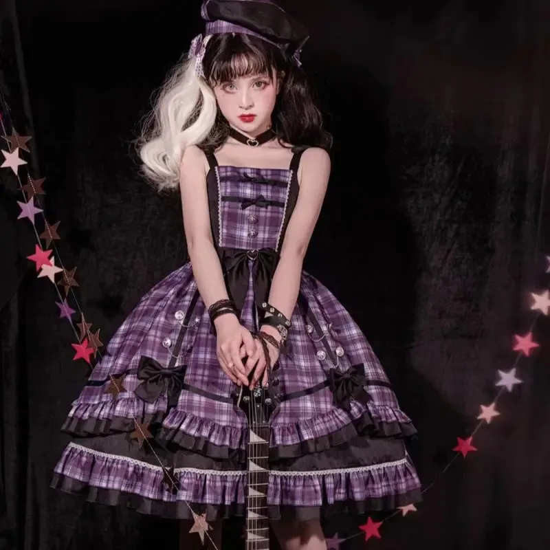 

Cy[Star Charm]Summer Purple Checker Singing Gown Lolita Daily Sweet Lolita Dress JSK Cool Girl Gothic Vestido Manga Larga