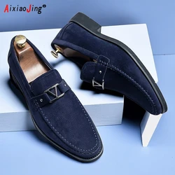 Sapatos de couro artesanal masculino, mocassins azuis respiráveis, monocromáticos, sapatos flocados, marca de designer, negócio, casual, negócio