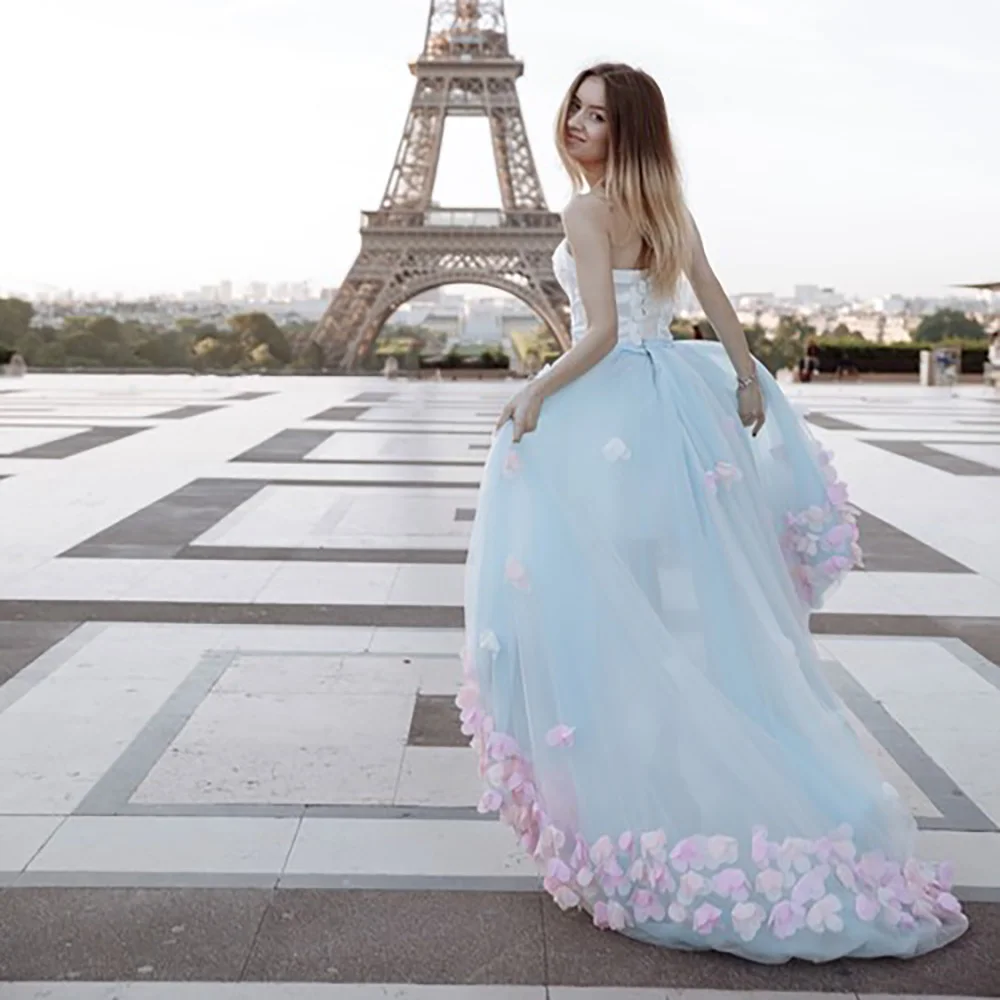 High Low 3D Pink Flowers Wedding Photography Gowns Blossom Strapless Baby Blue Tulle Customized Princess Prom Homecoming Dress