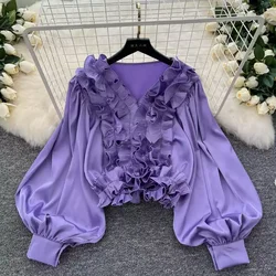 Chic V-neck Vintage Long Lantern Sleeve Basics Ear Fungus Edge Top Korean Fashion Streetwear High Street Autumn Winter Blouse