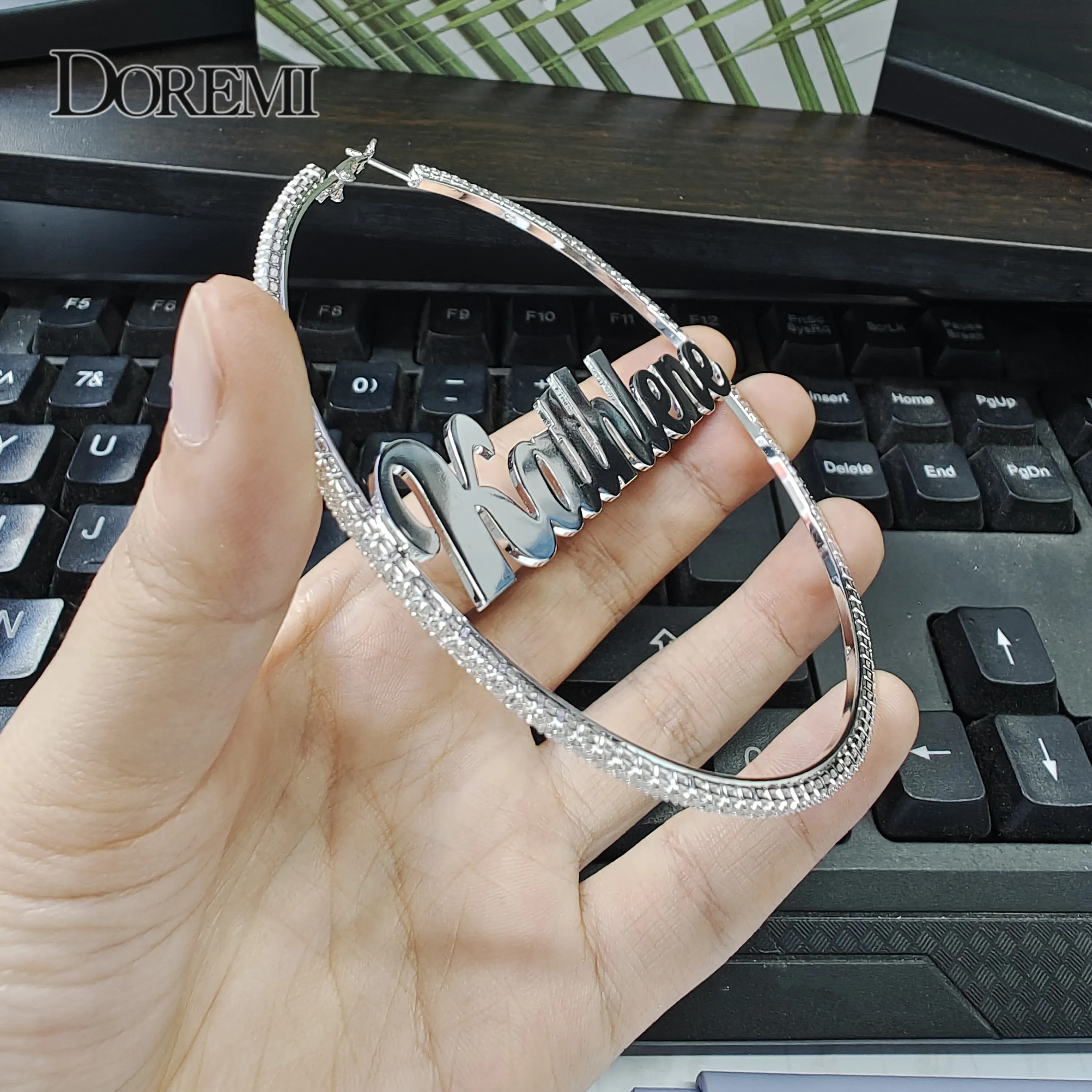 DOREMI 2mm White Zircon Name Earrings Thin hoop Custom-named Stainless Personalized Earring Hip-hop Style Custom hoop 5-9cm