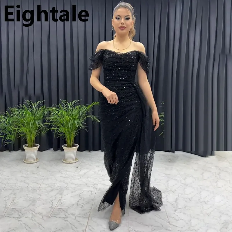 

Eightale Black Mermaid Off Shoulder Prom Dress Sequins Evening Dress Abiye Formal Party Gown Vestidos de gala