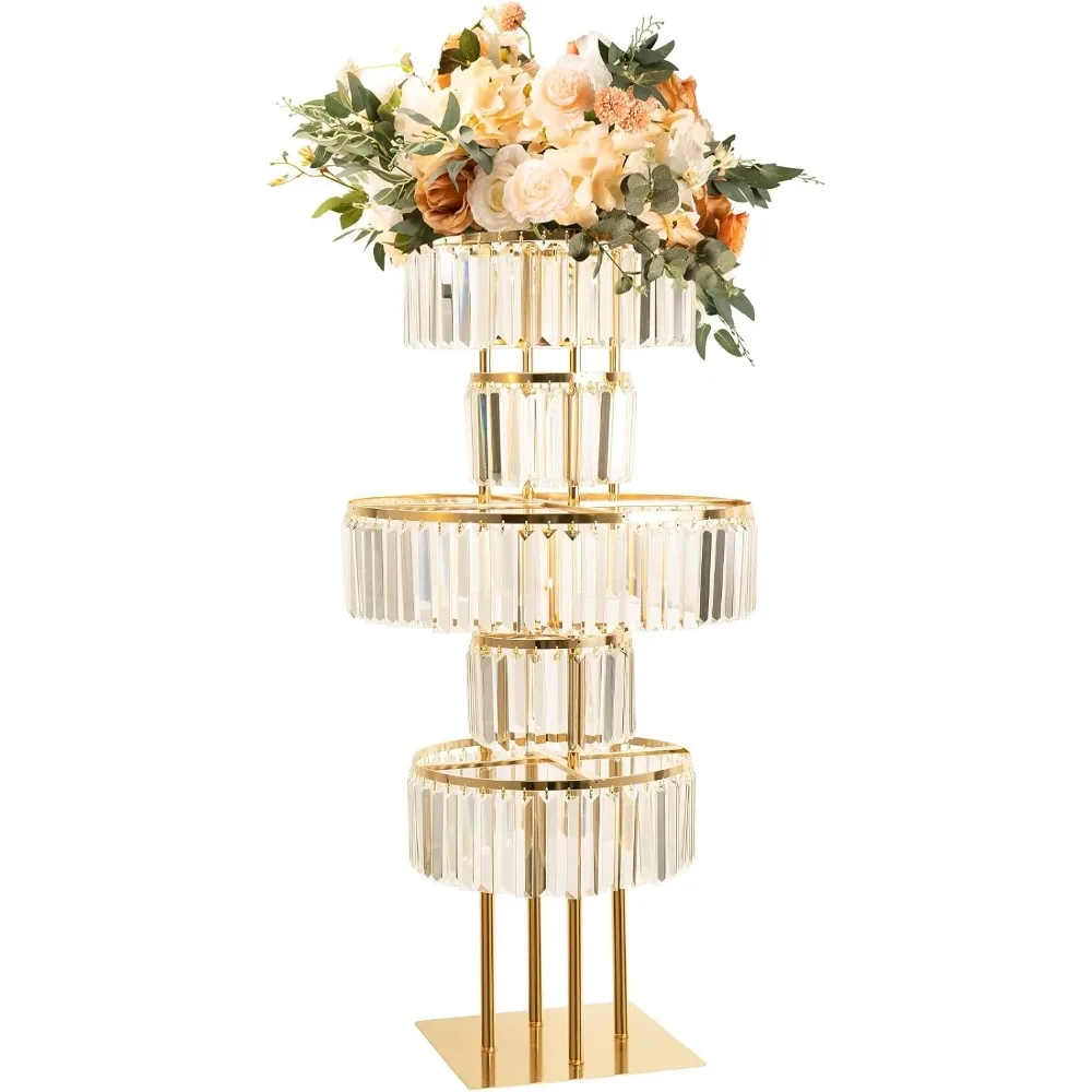 

Wedding Gold Vases Centerpieces Crystal Flower Stand with Hanging Crystals, 5 Tier Round Chandelier Pedestal Stand for Wedding