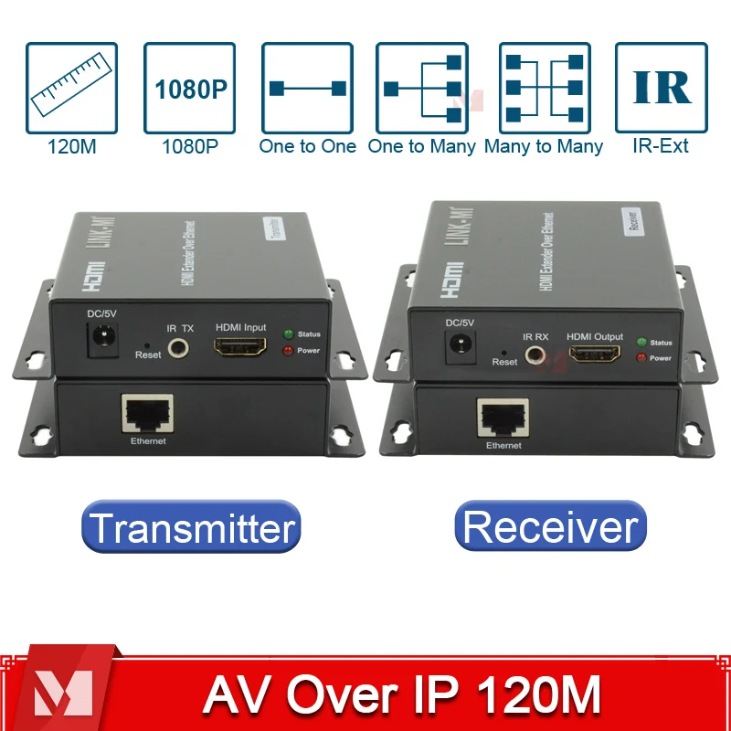 120M HDMI Extender over Ethernet Cat5e IR LAN Multicasting Broadcast Support One to Many 1080P AV over IP Extender LINK-MI EX22