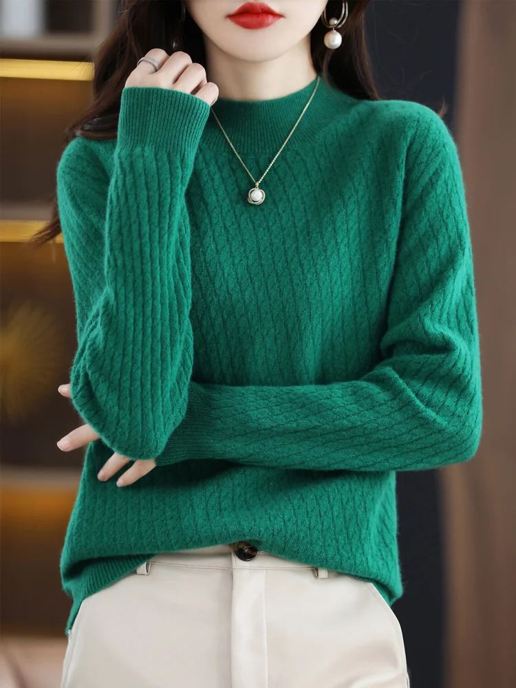 Women Mock-Neck Cashmere Pullover Sweater 100% Merino Wool  Basic Style Knitwear Female Casual Autumn Winter Soft Jumper Tops