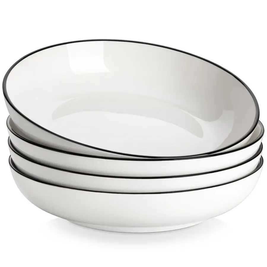 

10 больших мисок для пасты, 56 унций, белые салатники, суповые миски, фарфоровые сервировочные миски, набор из 4 штук, цвет слоновой кости с черной окантовкой, для микроволновой печи