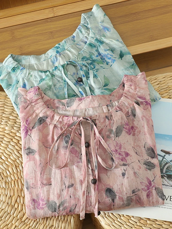 Retro Floral Print Gathered round Neck Drawstring Cotton Shirt Women's Summer New Style Five-Quarter Sleeve Breathable Top