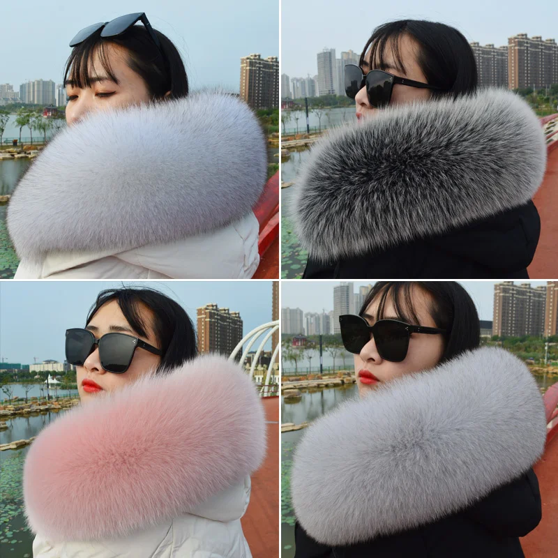 Large Furry Fur Collar for Women 100% Real fox Fur Scarf For Coat Winter Warm Fuzzy Decor Hood Trims Luxury 18cm Width Fur