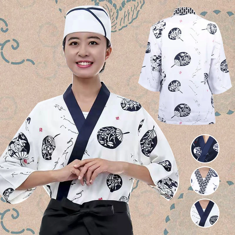 New Japanese Cuisine Sushi Chef Uniform Kimono Izakaya Restaurant Teahouse Waiter Printing Mid-sleeve Overalls For Men And Women