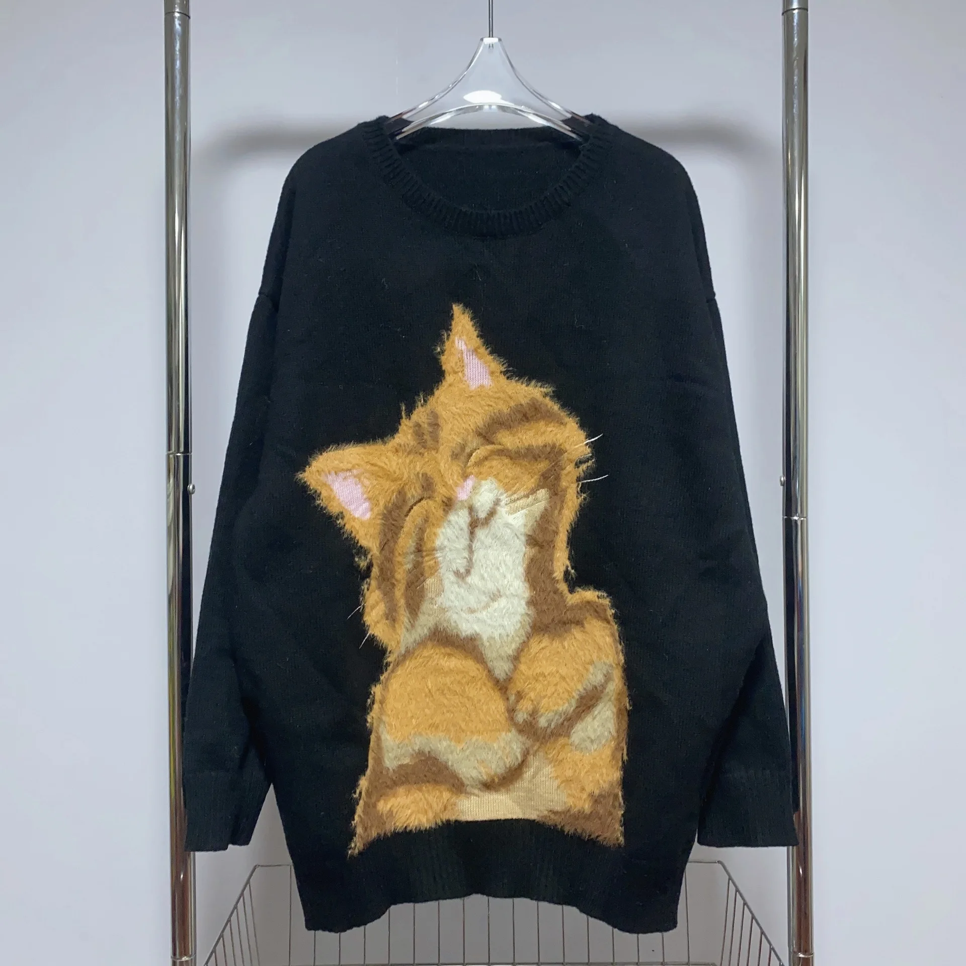 Plush Flocking Dog Cat Embroidery Sweaters Loose O-neck Pullover High Street Kawaii Knitwear Ladies Tops Harajuku Couples