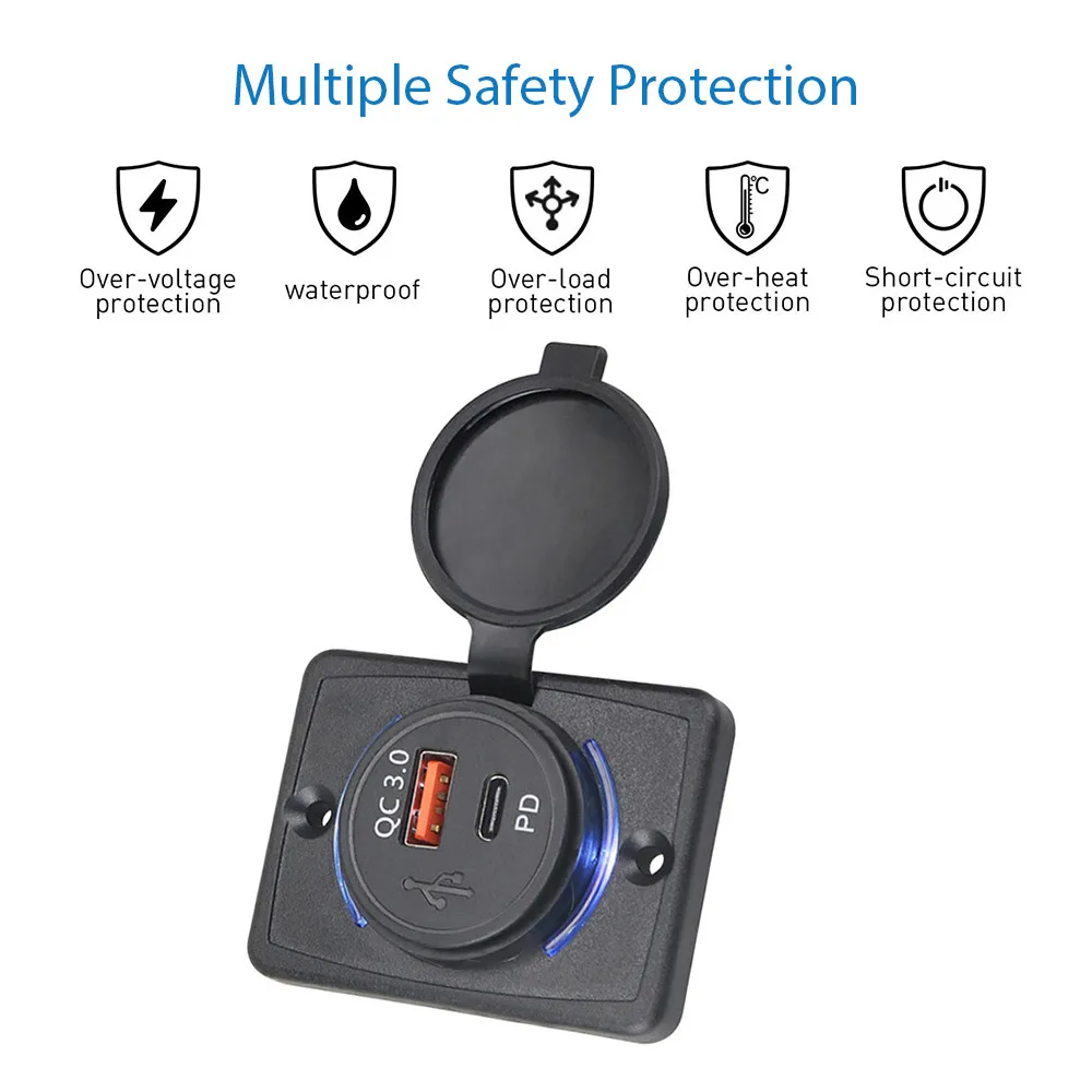 12 فولت/24 فولت QC3.0 USB PD شاحن سريع مقاوم للماء مقبس السيارة مخرج طاقة محول الشحن مع غطاء لسيارة شاحنة قارب ATV RV #4