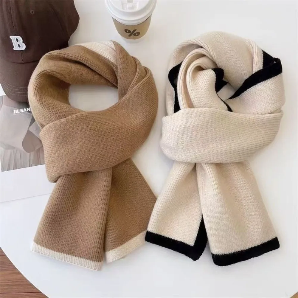 Solid Color Winter Knit Scarf Contrast Edge Casual Style Neck Warmer Warm Soft Material Double-Sided Design Woolen Scarf