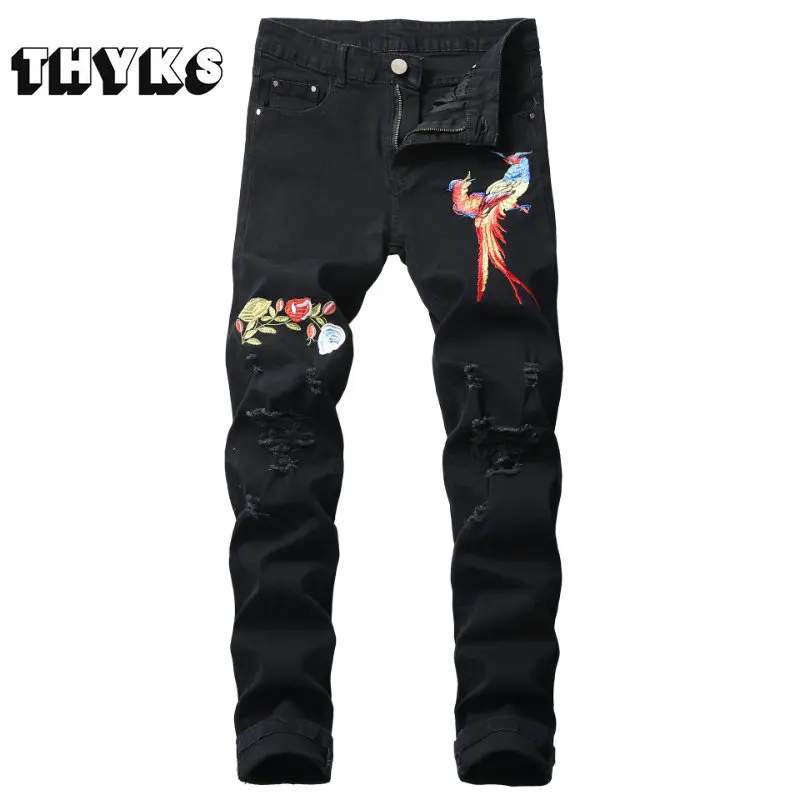 

High Street Distressed Ripped Jeans Men Flower Bird Embroidery Hole Straight Denim Trousers Slim Causal Y2K Pants Men Spring