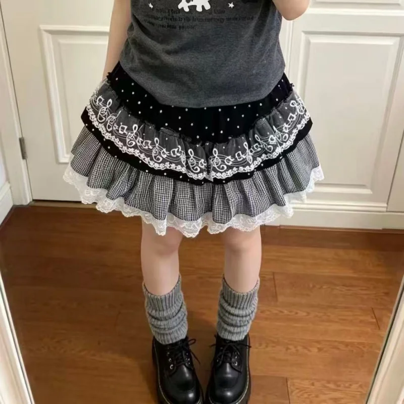 Music Lace Spliced Color-block Puff Skirt for Women Korean Retro Sweet Style High Waist Skirt Girl Y2K Cuteore Mini Plaid Skirts