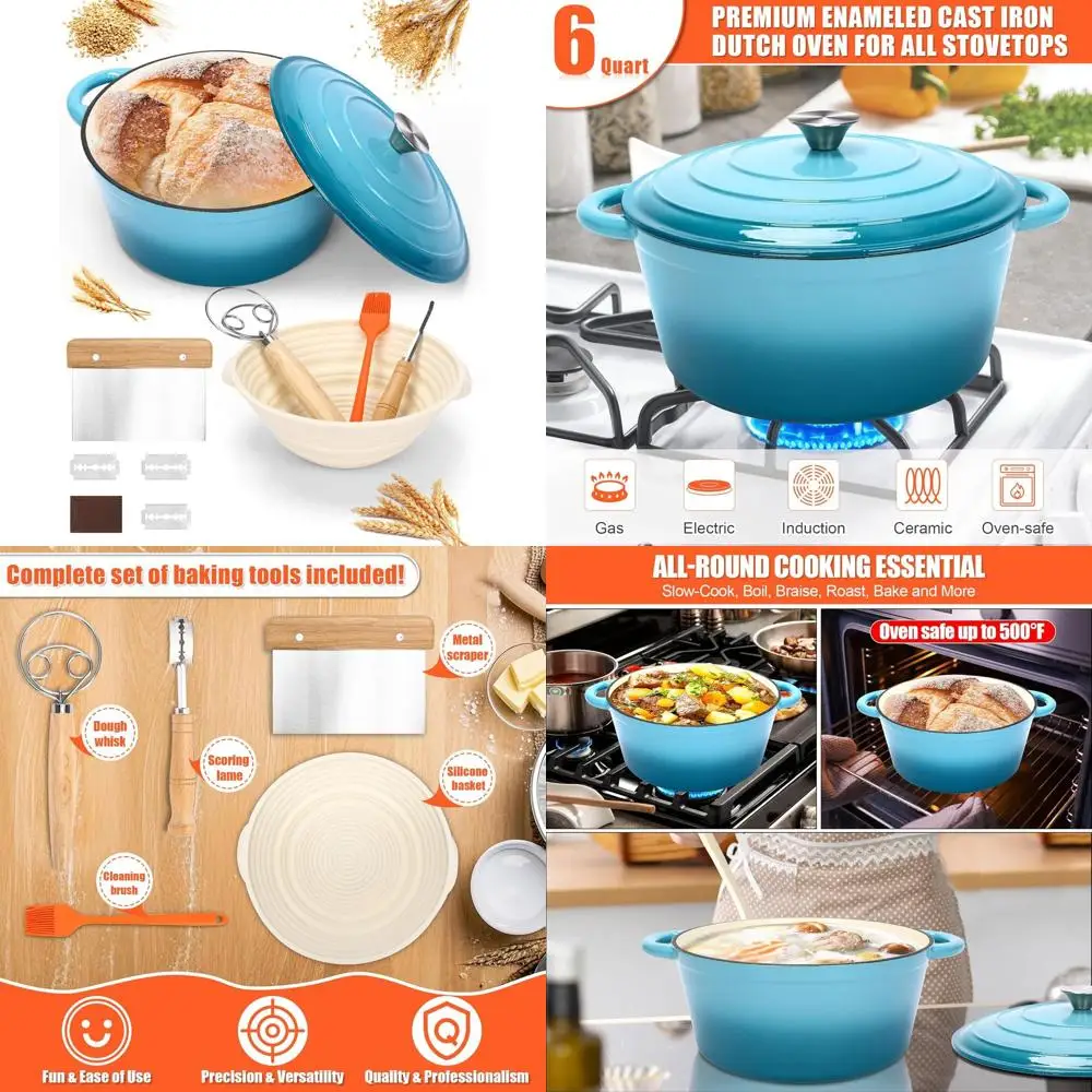 

Чугунная печь для хлеба с крышкой - голландская печь для выпечки на закваске, в комплект входит корзина для расстойки, лайм для подсказки, венчик для теста, голубой