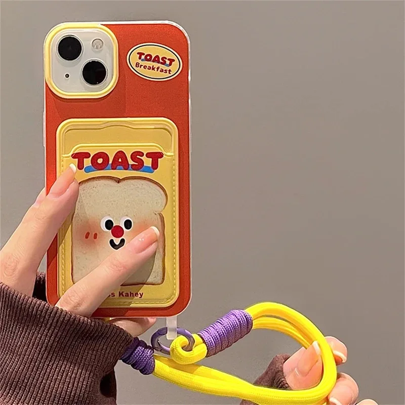 

Cute Cartoon Toast Card Slot Lanyard Case For iPhone 15 14 13 12 11 Pro Max Expression Lens Protection Anti-Fall Soft Back Cover
