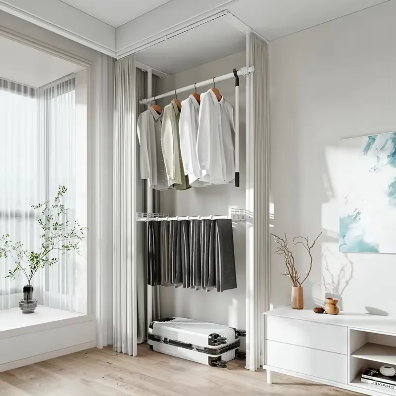 Portable Metal Standing Clothes Hanger White Household Balcony Drying Rack for Bedroom Indoor Garment Storage Organizer Tool