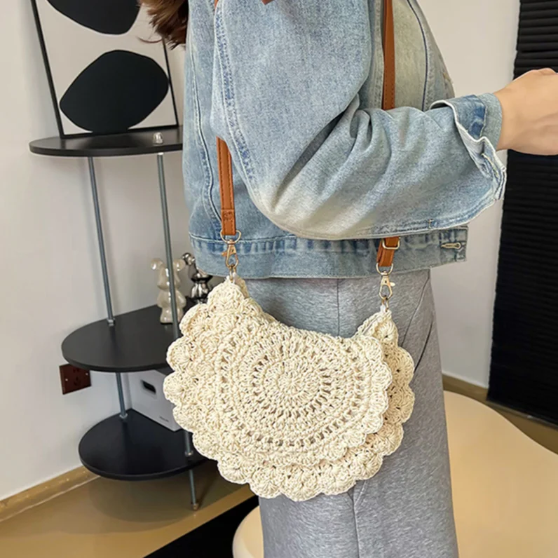 Summer Knitting Sling Purse Women Crochet Beach Bag Adjustable Strap Shoulder Bag Ladies Braiding Satchel Bohemian Woven Handbag