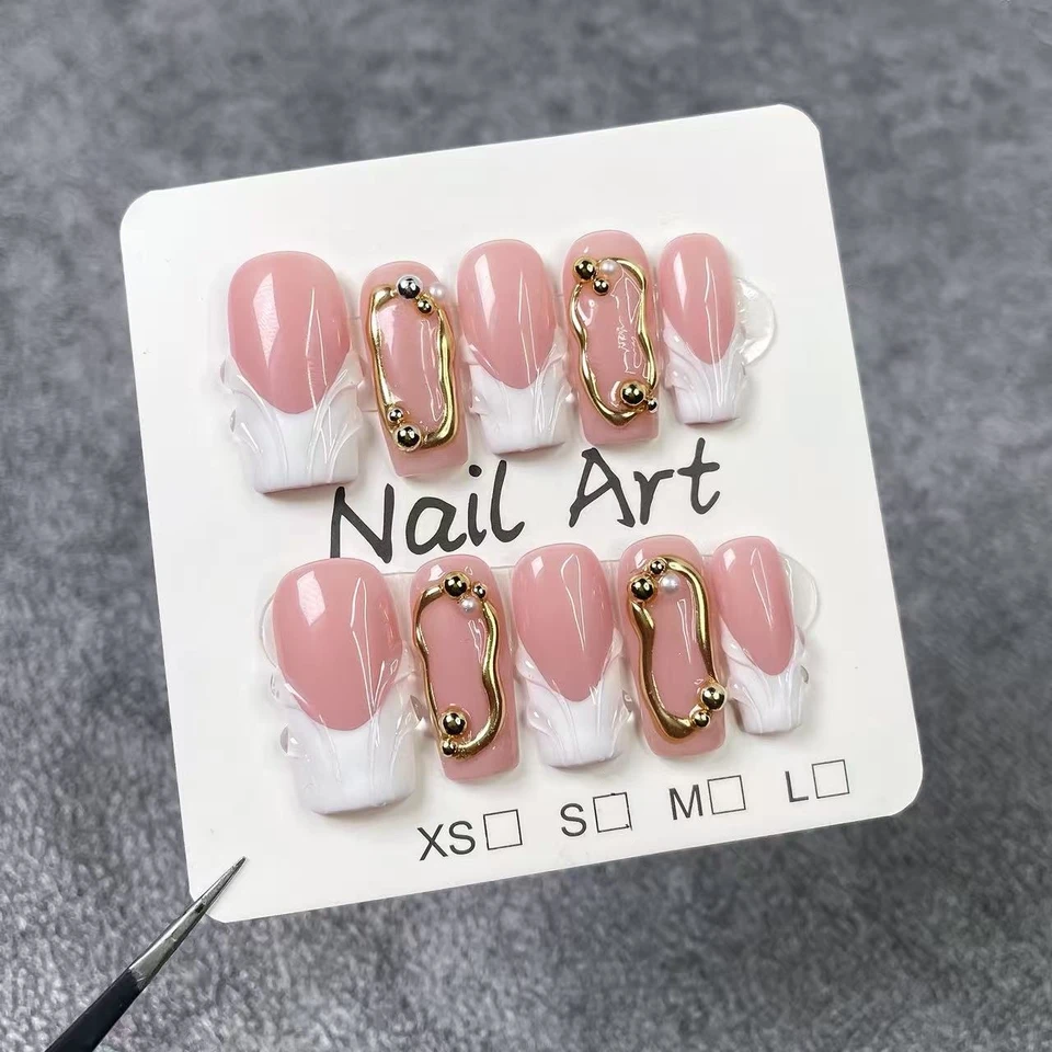 10 Piezas Uñas Postizas Hechas a Mano de Alta Gama Estilo Lujoso Diseño Pintado a Mano Olas Líneas Doradas Brillantes y Perlas 2