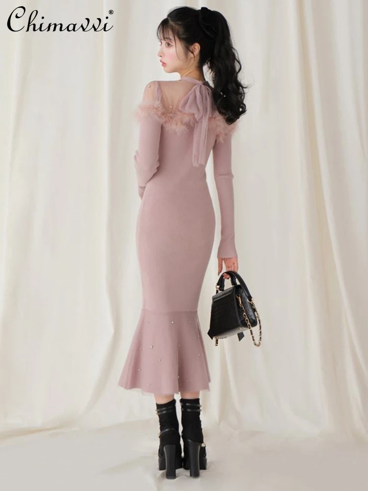 Otoño Invierno Hada dulce retales transparente con cuentas vestido de sirena de plumas moda de manga larga ajustado elegante vestido suéter de punto