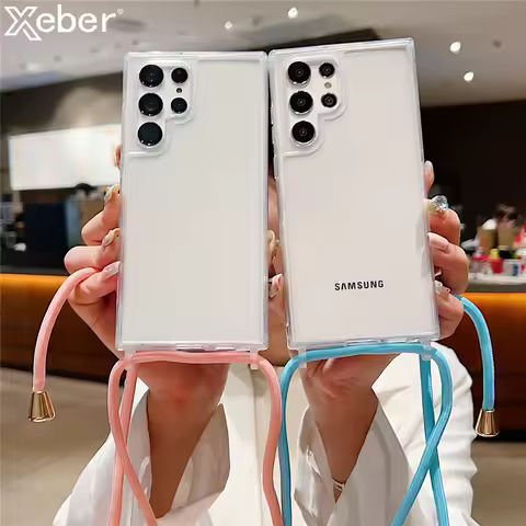 Transparent Crossbody Lanyard Necklace Strap Case For Samsung S24 S23 Ultra S22 Plus A73 A53 A33 A13 A72 A52 A14 A54 Clear Cover
