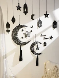 Black Wooden Hanging Lanterns Crescent Moon with Star Cutouts and Tassel, for Ramadan and Eid, Islamic Festival Home Decorations