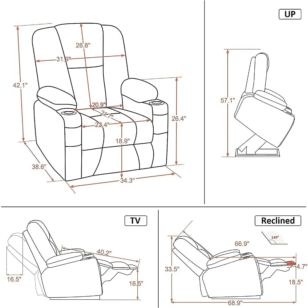 Power Lift Recliner Chair Sofa with Extended Footrest 3 Positions Hand Remote Control 2 Cup Holders USB Ports